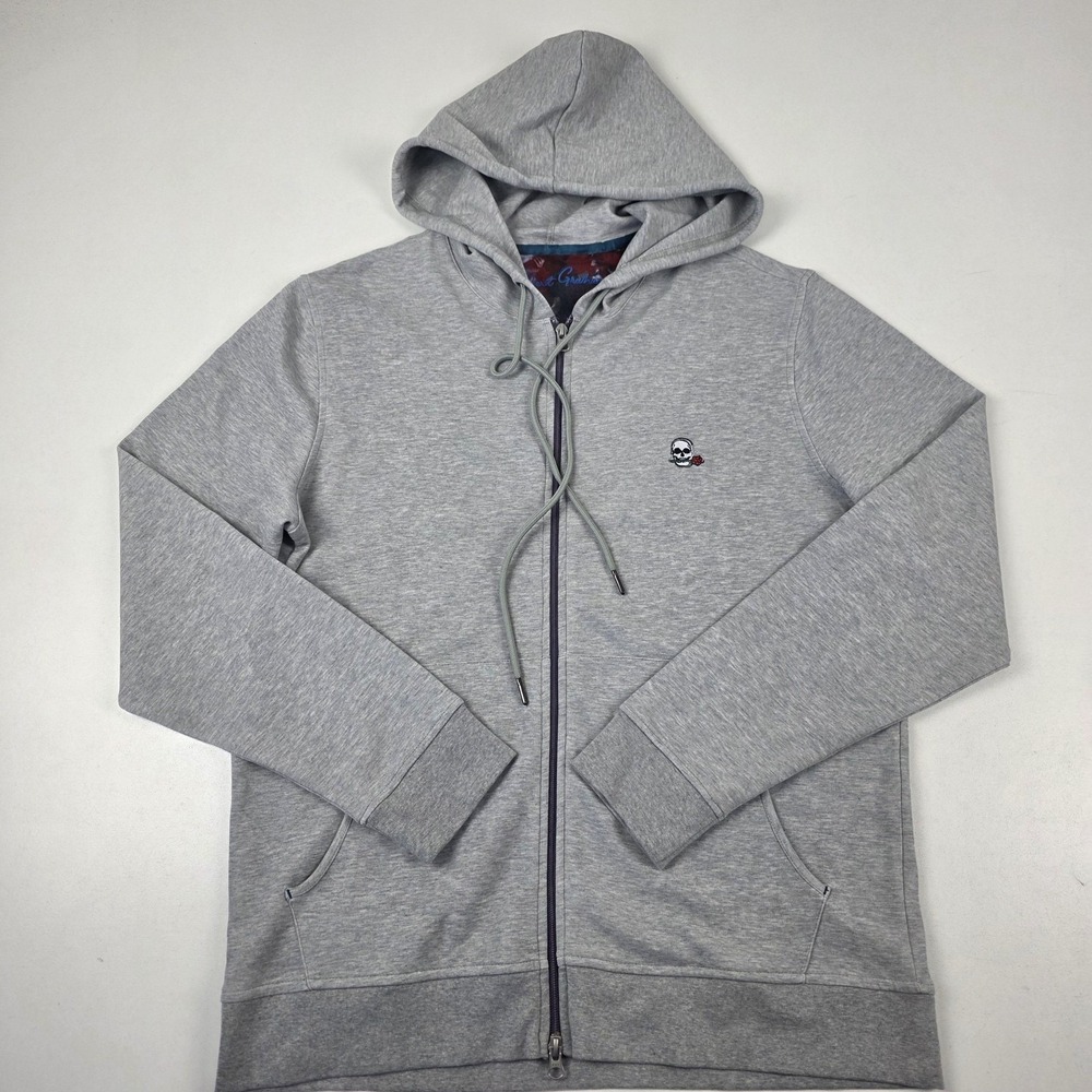 Robert Graham Sweatshirt Mens Large Gray Full Zip Skull Rose Graphic Hoodie